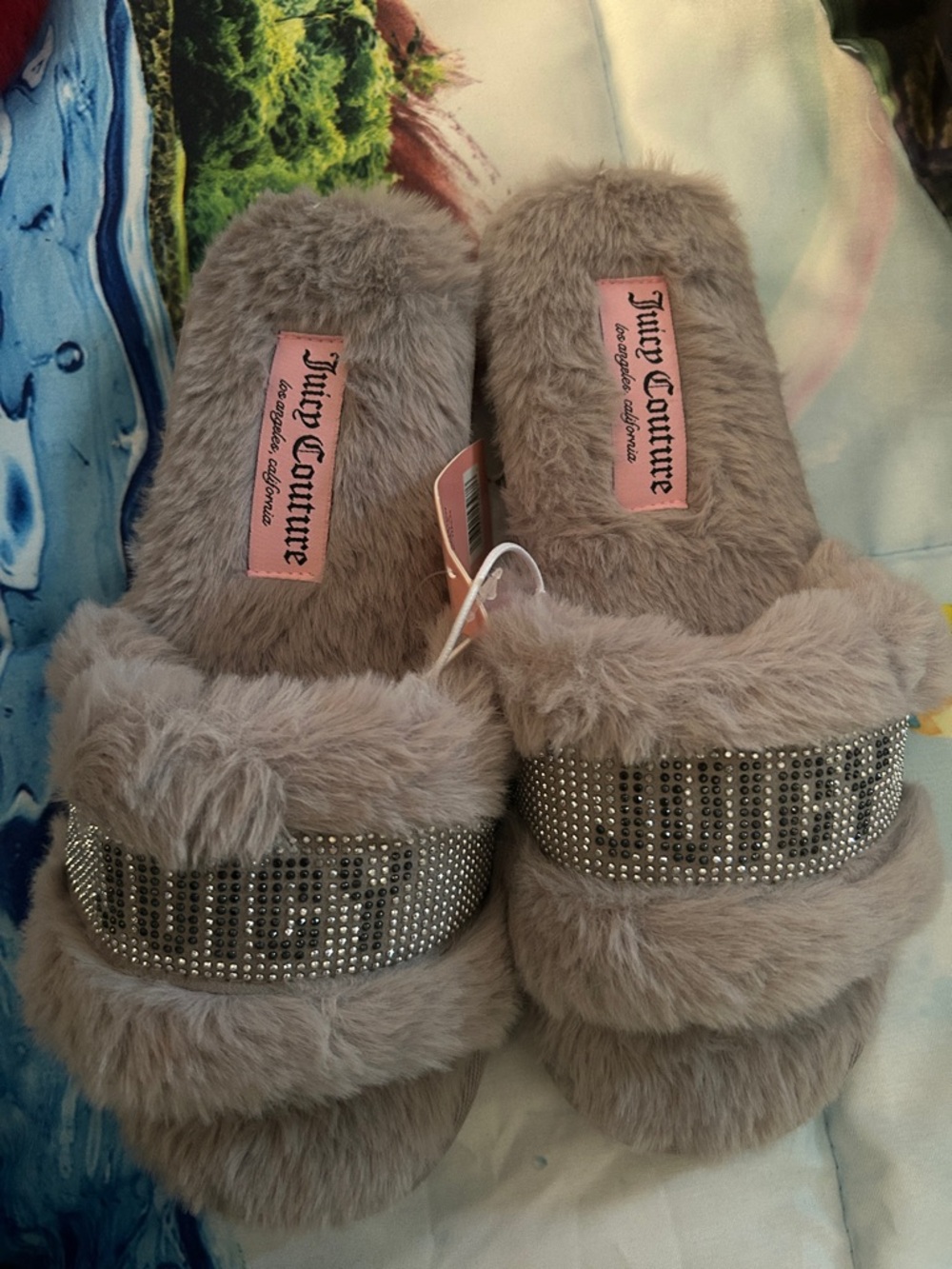 Juicy Couture Taupe Plush Faux Fur Slide Slippers with Rhinestone Band